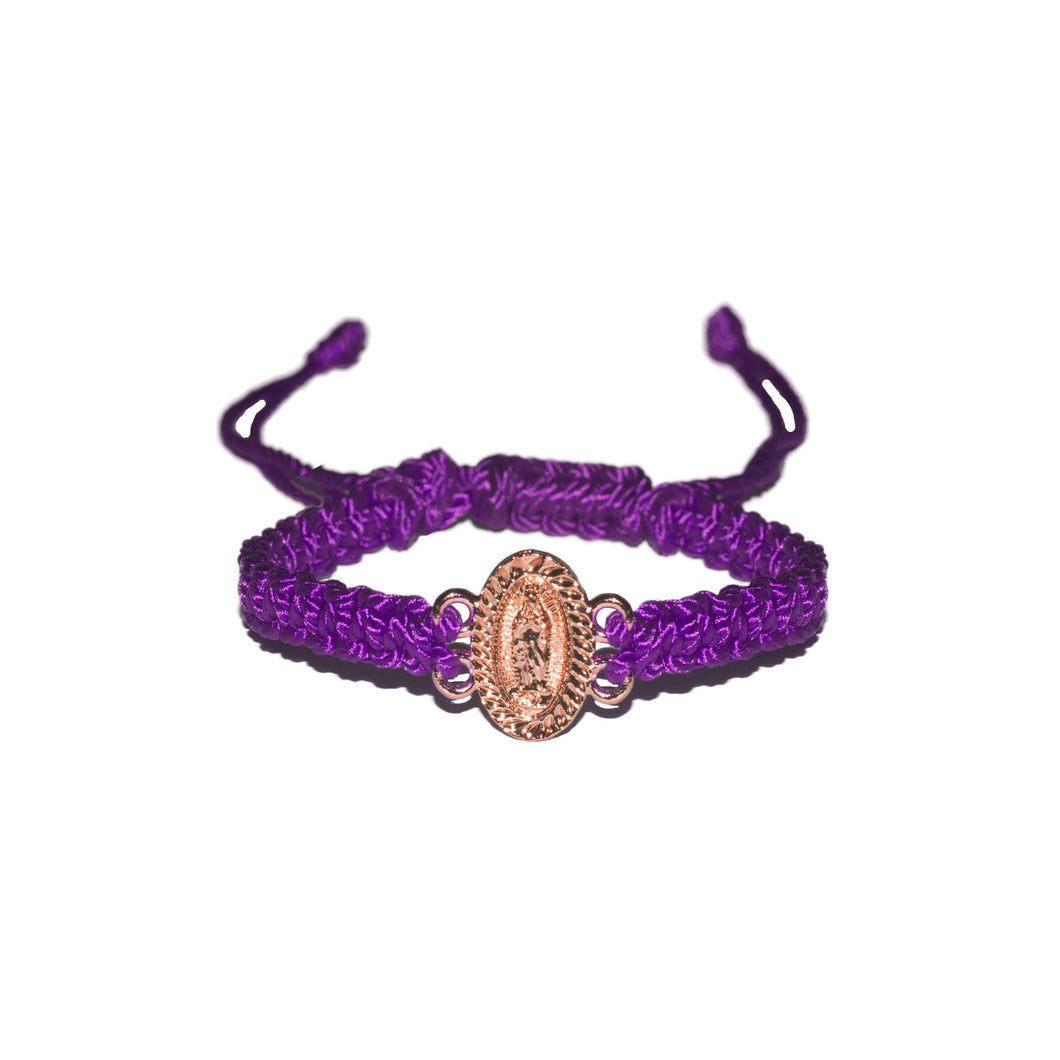 Rose Gold Our Lady of Guadalupe Macrame Bracelet - Style No. 2 (Purple String)